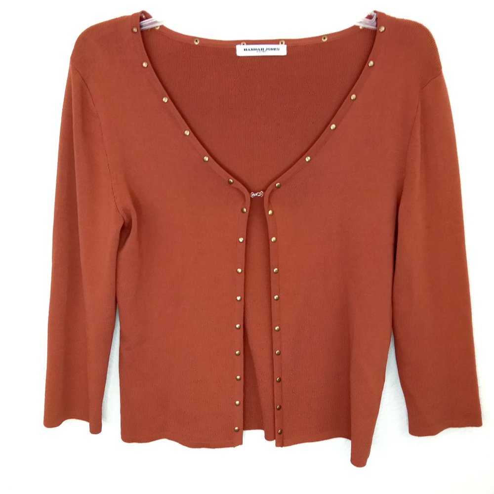 Hannah Jones Copper Brown Woven Studded Single Button Cardigan Sweater